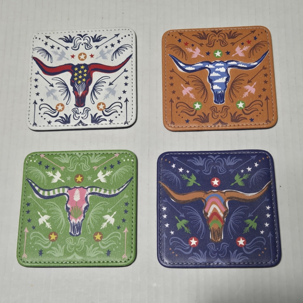 Reversible Coasters LONGHORN COASTERS Texas Western bull horn, SET OF 4 - Picture 2 of 16